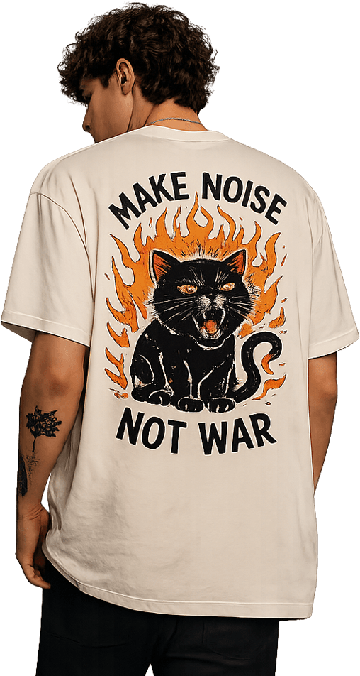 Model wearing a Make Noise Not War graphic tee