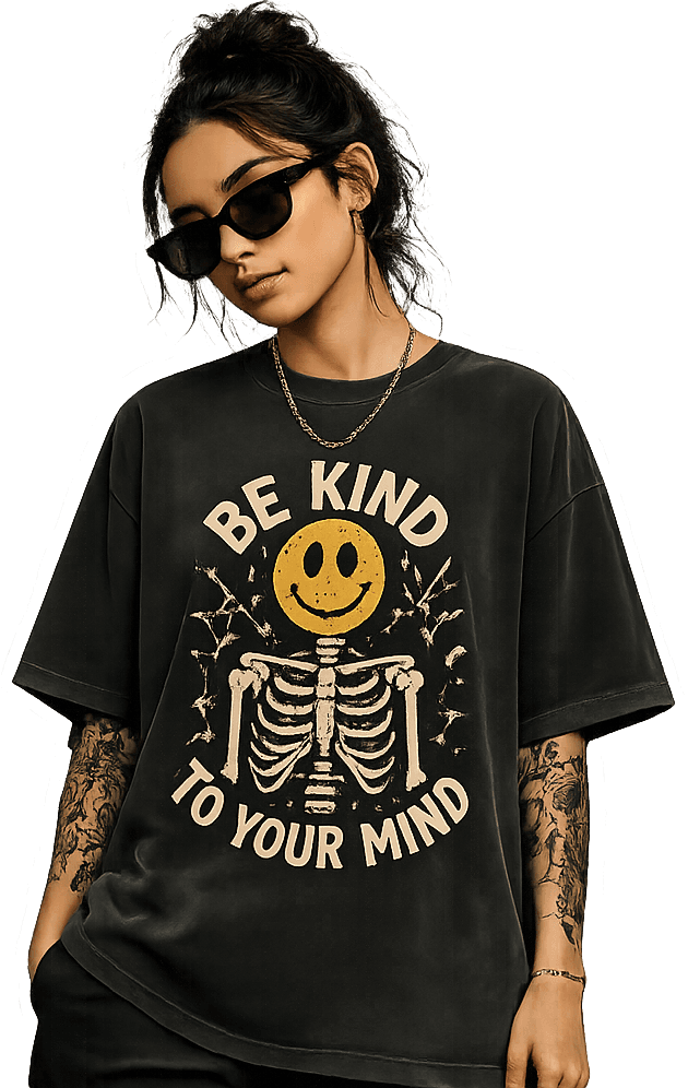 Model wearing a Be Kind To Your Mind graphic tee