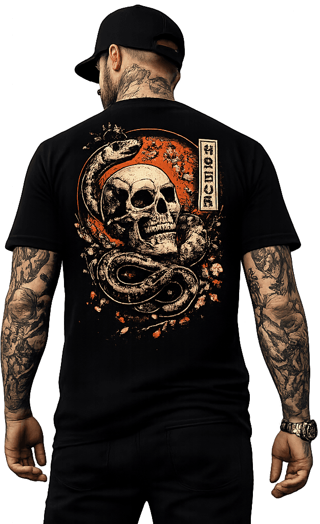 Model wearing a skull and snake graphic tee