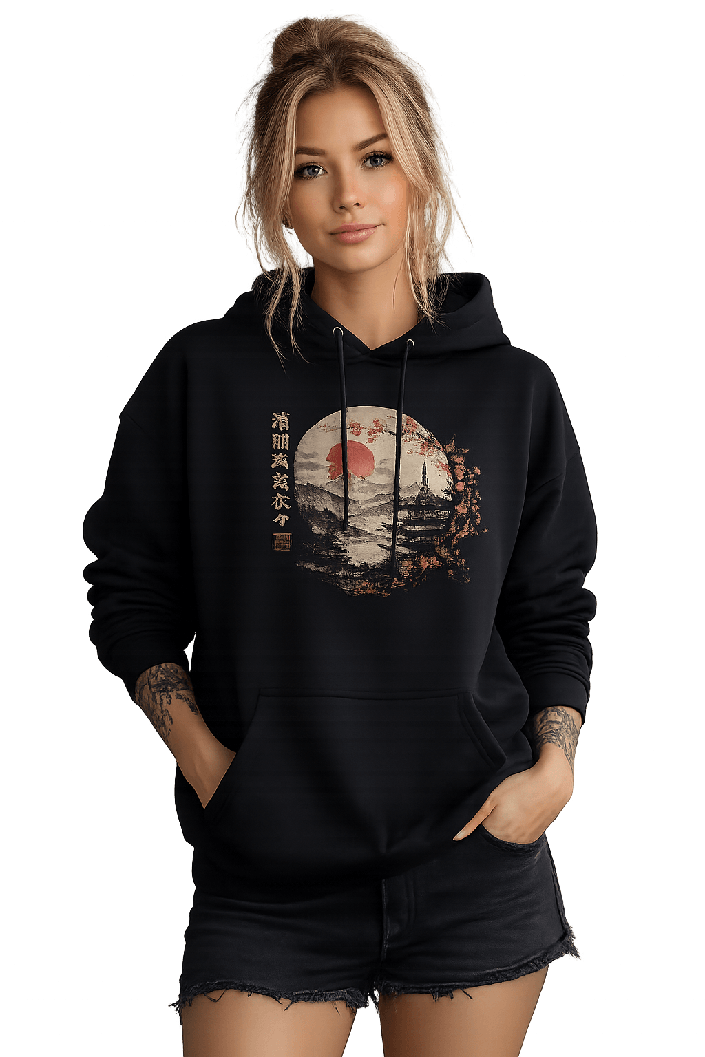 Model wearing a dark drop graphic tee