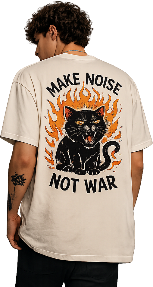 Model wearing a Make Noise Not War graphic tee